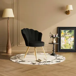 Elegant Velvet Accent Chair – Shell-Shape Vanity Chair with Gold Legs, Black