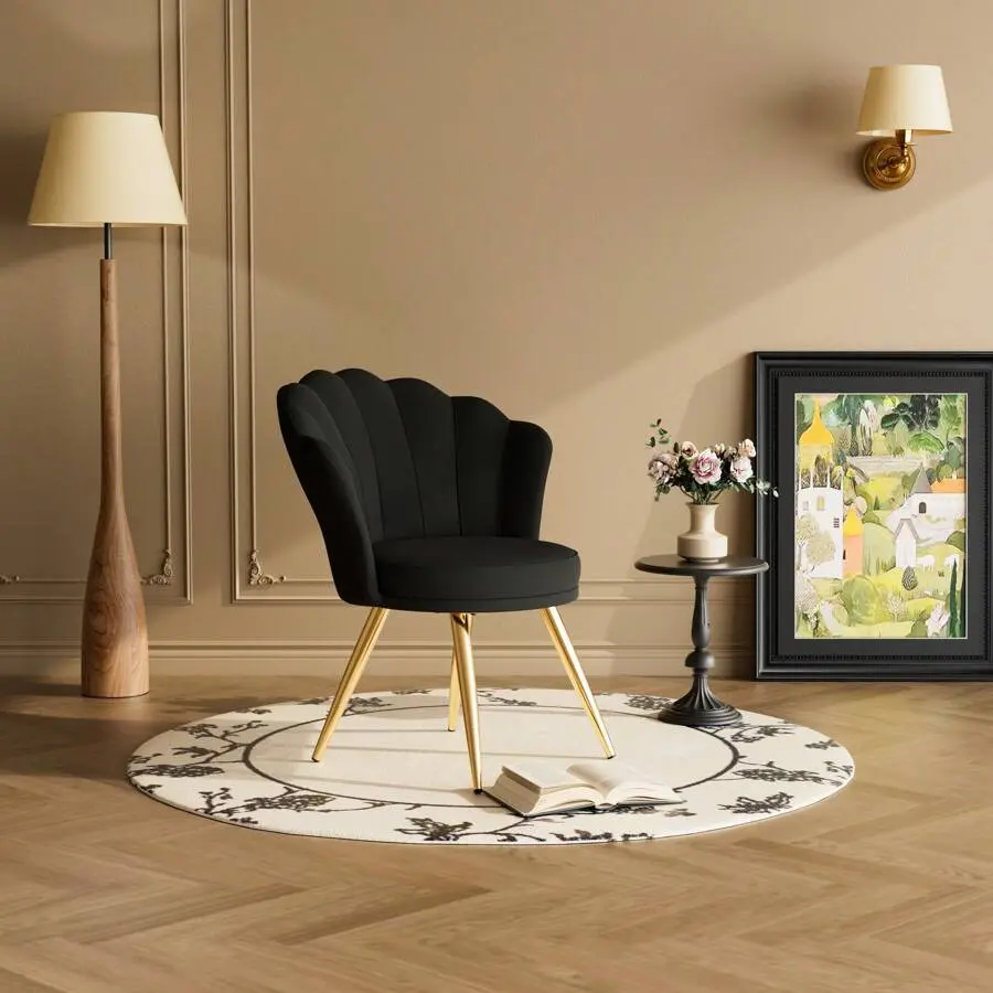 Black Elegant Velvet Queen Anne Accent Vanity Chair - Single-Person Shell-Shape Chair with Gold Legs for Bedroom