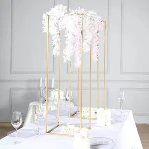 2-Pack Wedding Flower Stand Gold Metal Geometric Column Frame Rectangular - Versatile Floral Pedestal for Sophisticated Arrangements 40"
