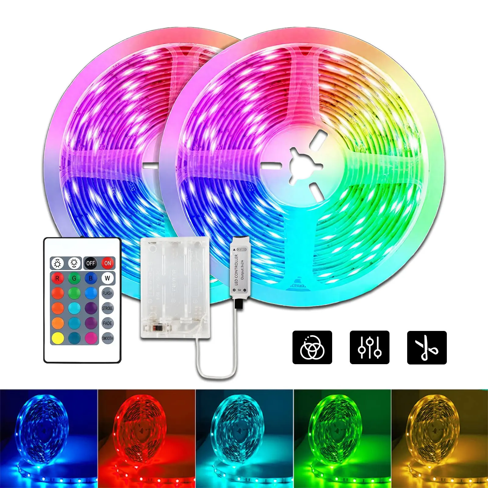 Battery-powered 5V RGB LED strip, Led rgb lights, AA batteries not included, with 24-key infrared remote control and portable battery case, dimmable, color adjustable, decorative lighting for room, home, festive party