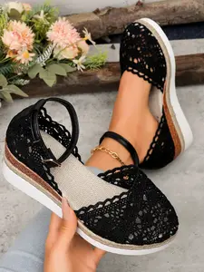 2026 Summer New Bohemia Style Lace Cut Out Thick Sole Sandals, Women's Round Toe Flatform Casual Shoes, Textile Upper PU Sole, Boho Sandals