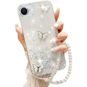 for  16e (2025) Bling Case with Lanyard, Shockproof Cute 3D Butterfly Glitter Soft TPU Woman Girly Sparkle Shiny Phone Cover with  Wrist Strap for  16e 6.1 inch (Clear)