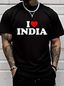 100% cotton I Love India - Heart T-Shirt Printed T-shirt, Short-sleeved Crew Neck Casual Top, Suitable For All Seasons, Men's Wear