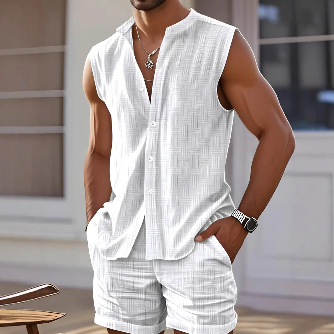 Men's 2-Piece V-Neck Shirt & Shorts Set, Sleeveless Muscle-Fit Polyester Mix Top, Loose Fit Casual Summer Beachwear Outfit, Breathable, Machine Wash, Blouse/Shirt, Xxl, Fashion, Men's Clothing, Two-Piece