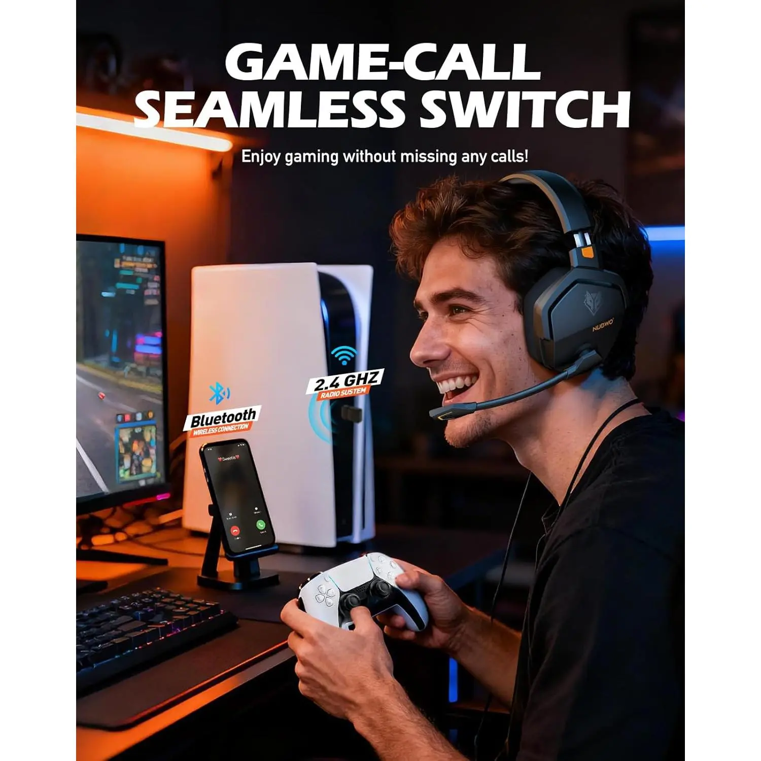 NUBWO Wireless Gaming Headset for PS5 PS4 PC with Microphone 100 Hour Battery Life Low Latency 23ms for Fortnite Call of Duty FPS Games Triple Mode Co