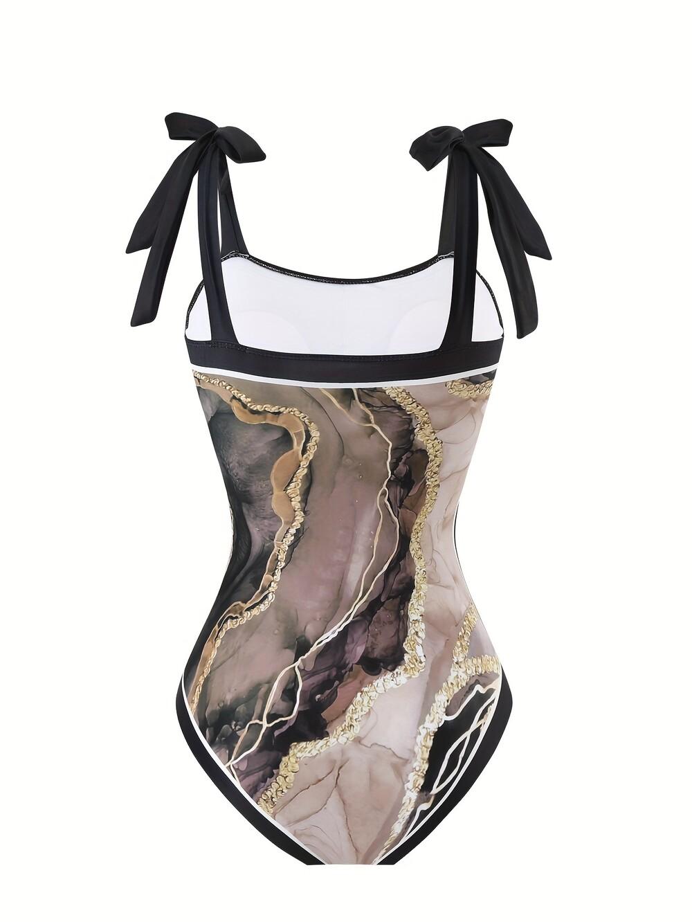 Women's Classic Marble Print One-Piece Swimsuit with Skirt – Sexy Tummy Control Slimming Sun Protection Vacation Set