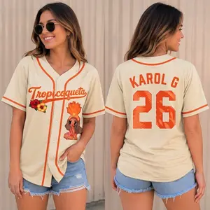 Unisex K-Karol Tropicoqueta Baseball Jersey, Viajando Por El Mundo Button Down Jersey, Orange Black Beige Graphic Baseball Shirt, Latin Music Fan Gift