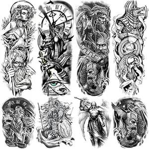 Greek Warrior Temporary Tattoo Sleeve for Men, 4-Sheet Full Arm Large Realistic Poseidon Knight Fake Tattoo Sleeve Adult Women and 4-Sheet Black Clock Greek Eye Myth Half Arm Temp Tatoo Sticker Leg Body Art Halloween
