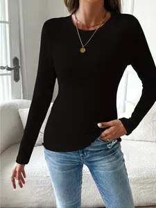 Women's Fall Winter Long Sleeve Round Neck Top, Soft Elastic Warm Base Layer Shirt, Casual Slim-Fit Plain Knit Fabric