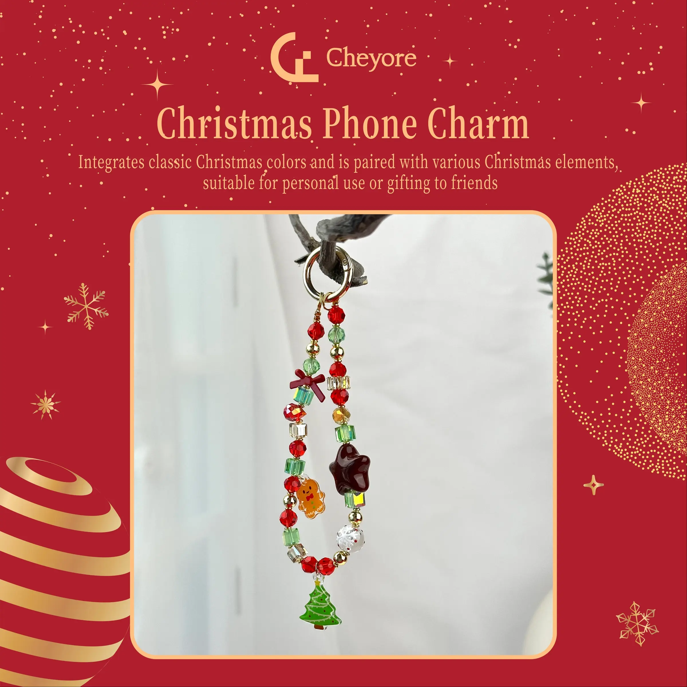 Christmas Phone Charm, Classic Christmas Colors, Acrylic Beads, Multi-Material Combination, Stylish and High-End, suitable for personal use or gifting to friends, 170mm X 45mm, Phone Accessory, Phone Decoration