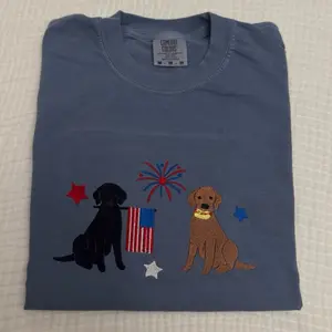 USA Chocolate and black lab dog embroidered Fourth of July comfort colors T-shirt