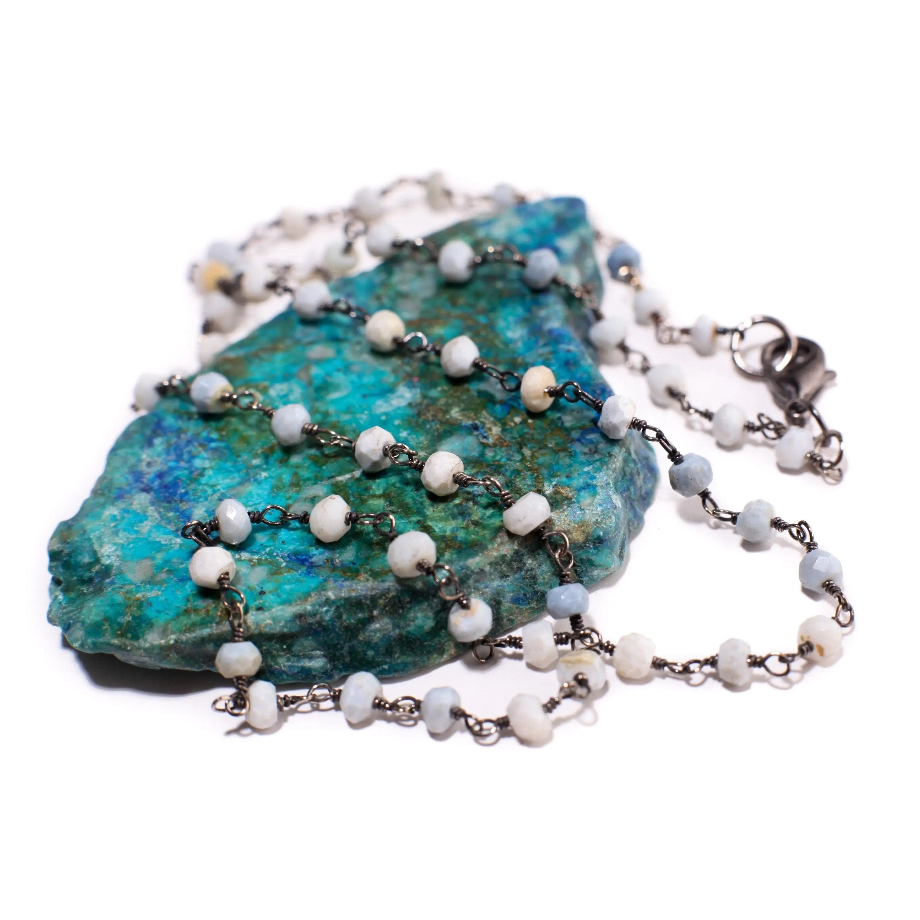 Peruvian Blue Opal, Andean opal, Silver Oxidized Faceted Natural opal 3-4mm Chain High Quality Layering ,Choker Finished Necklace with Clasp
