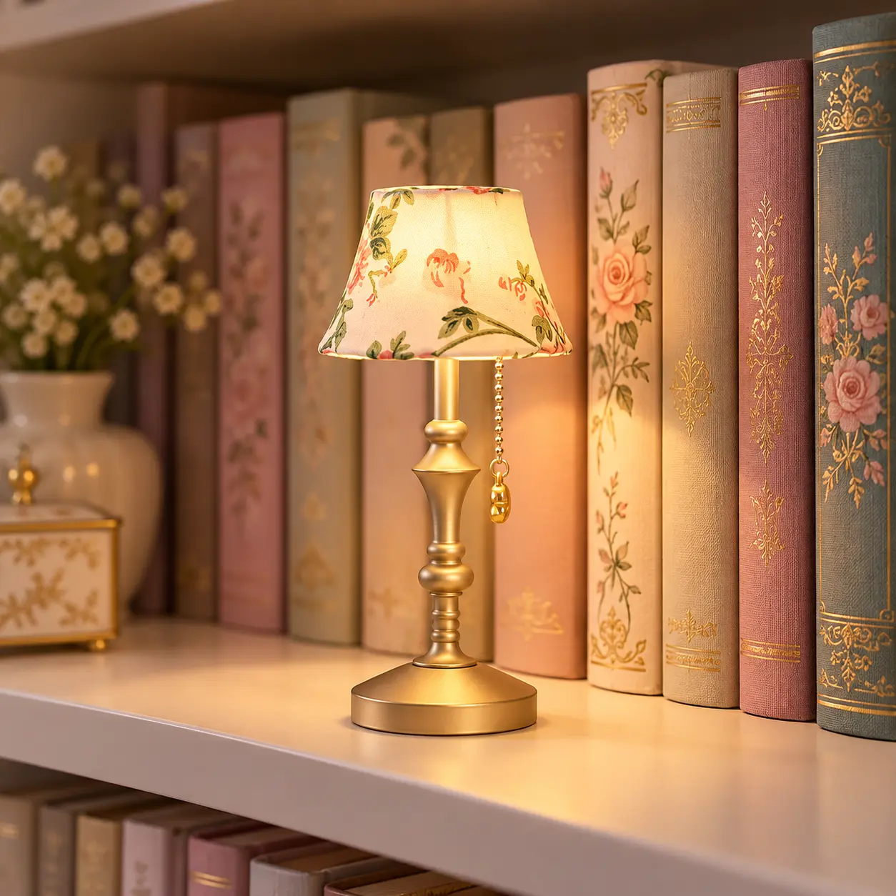Mini Bookshelf Lamp, Vintage Floral Mini Table Lamp with Warm Ambient Light, Cute Small Night Light for Bookshelf, Reading Nook, Bedroom, Desk Decor, Cozy Home Accessories, Gift for Book Lovers