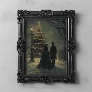 Victorian Christmas Tree Couple Art Vintage Holiday Decor, Romantic Winter Gothic Christmas Wall Art, Snowy Victorian X