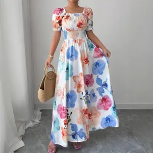 Summer Women's New Printed Maxi Dress - Off Shoulder Puff Short Sleeve Elastic Waist Floral Long Dress | Casual Elegant Polyester Fabric Womenswear Piece | Perfect for Vacation & Weekend Brunch