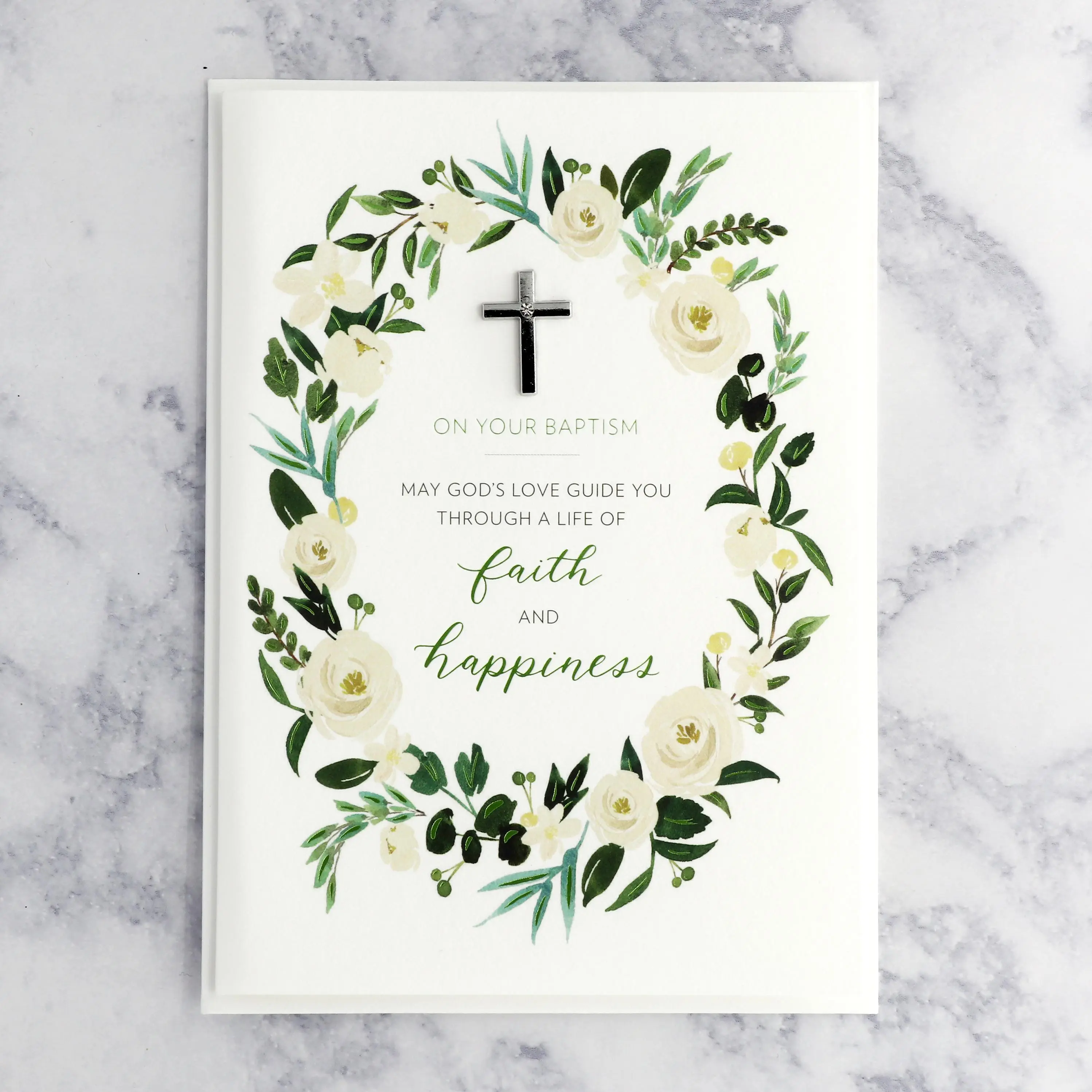 Foliage With Charm Baptism Card