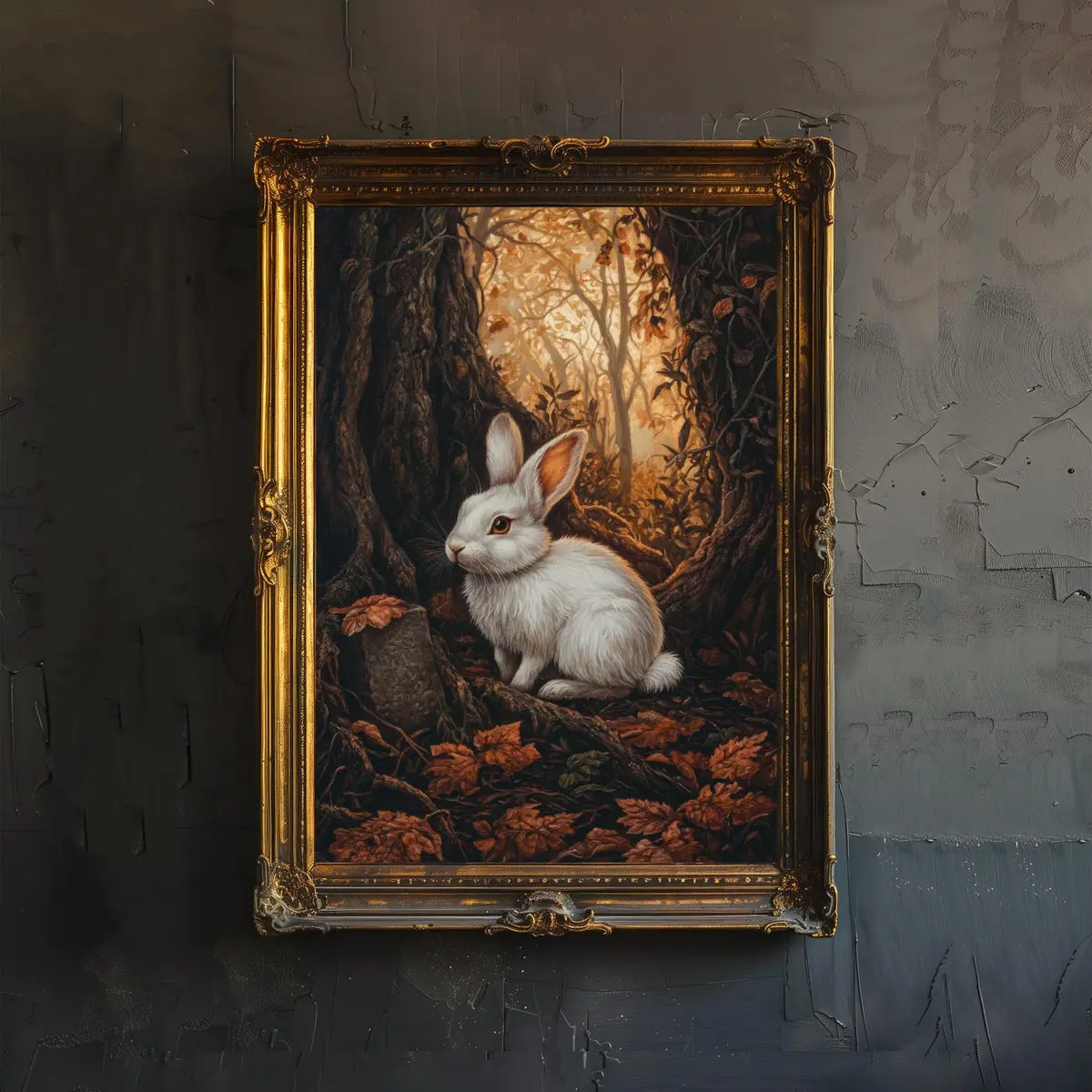 White Rabbit Print Cottagecore Dark Academia Art Print Whimsical Woodland Wall Art Vintage Nature Poster for Living Room Bedroom, Unframe