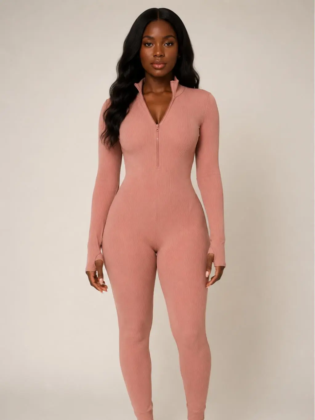 Long Sleeve Zipper Front Jumpsuit for Women Comfortable and Stylish Casual Fashion Pink Essential Everyday Fit