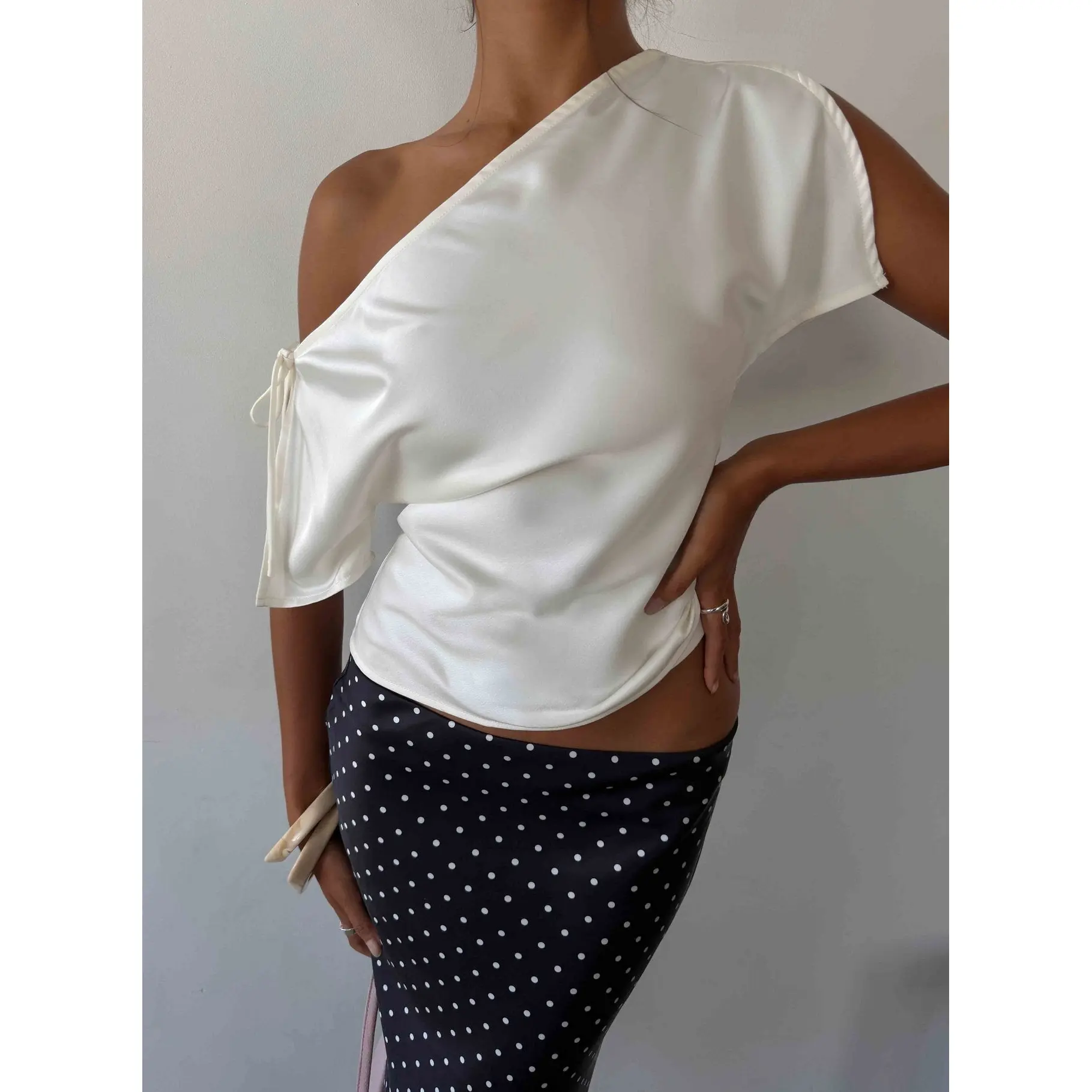 Faisa Off Shoulder Satin Top Cream