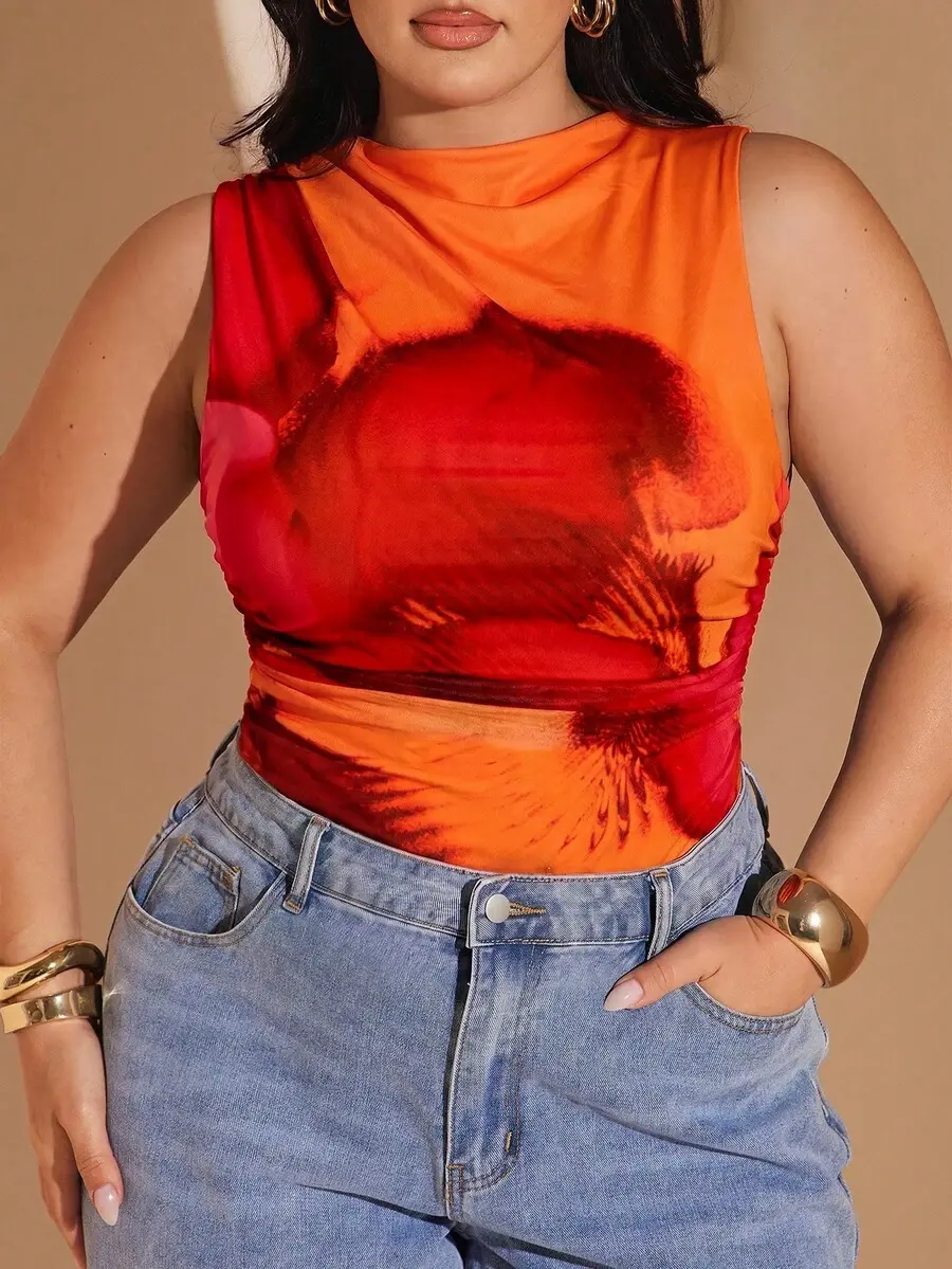 Kallé x  BAE Plus Size Women's Floral Print Ruched Bodysuit,Sleeveless Fitted Mesh See-Through,Burnt Orange,Summer,Girlism,Night Out Club,Y2k Clothes,Date Night