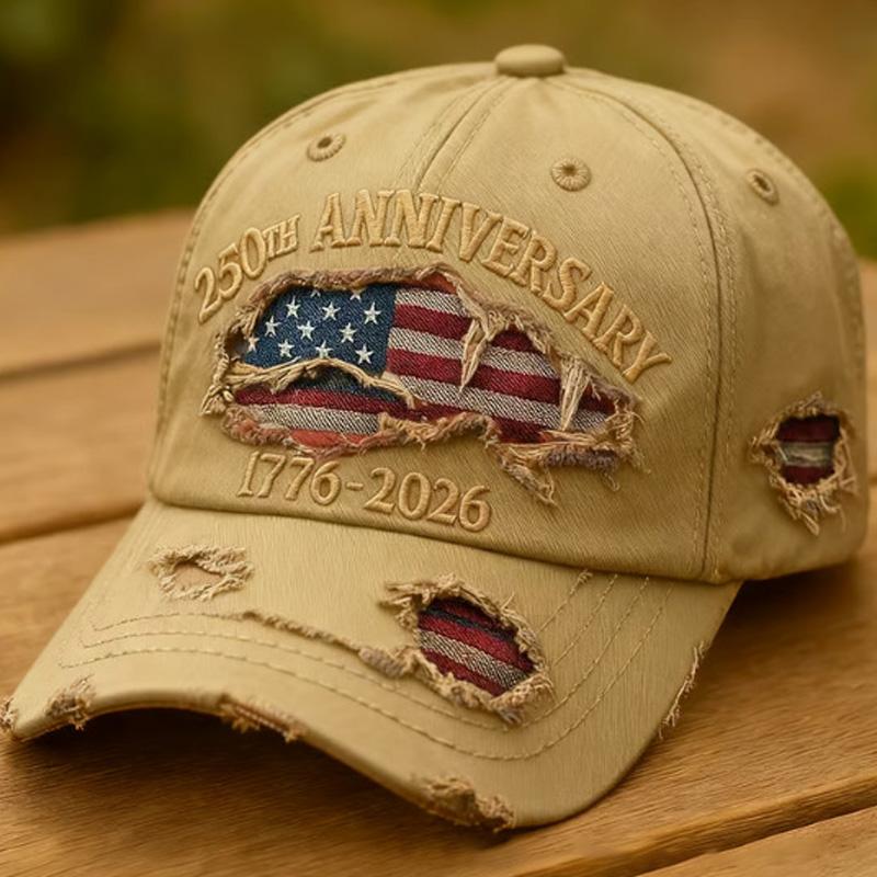 250th Anniversary Baseball Cap, USA 1776-2026, Patriotic Fashion Casual Style, Pairs well with ripped jeans and embroidered map of the United States.