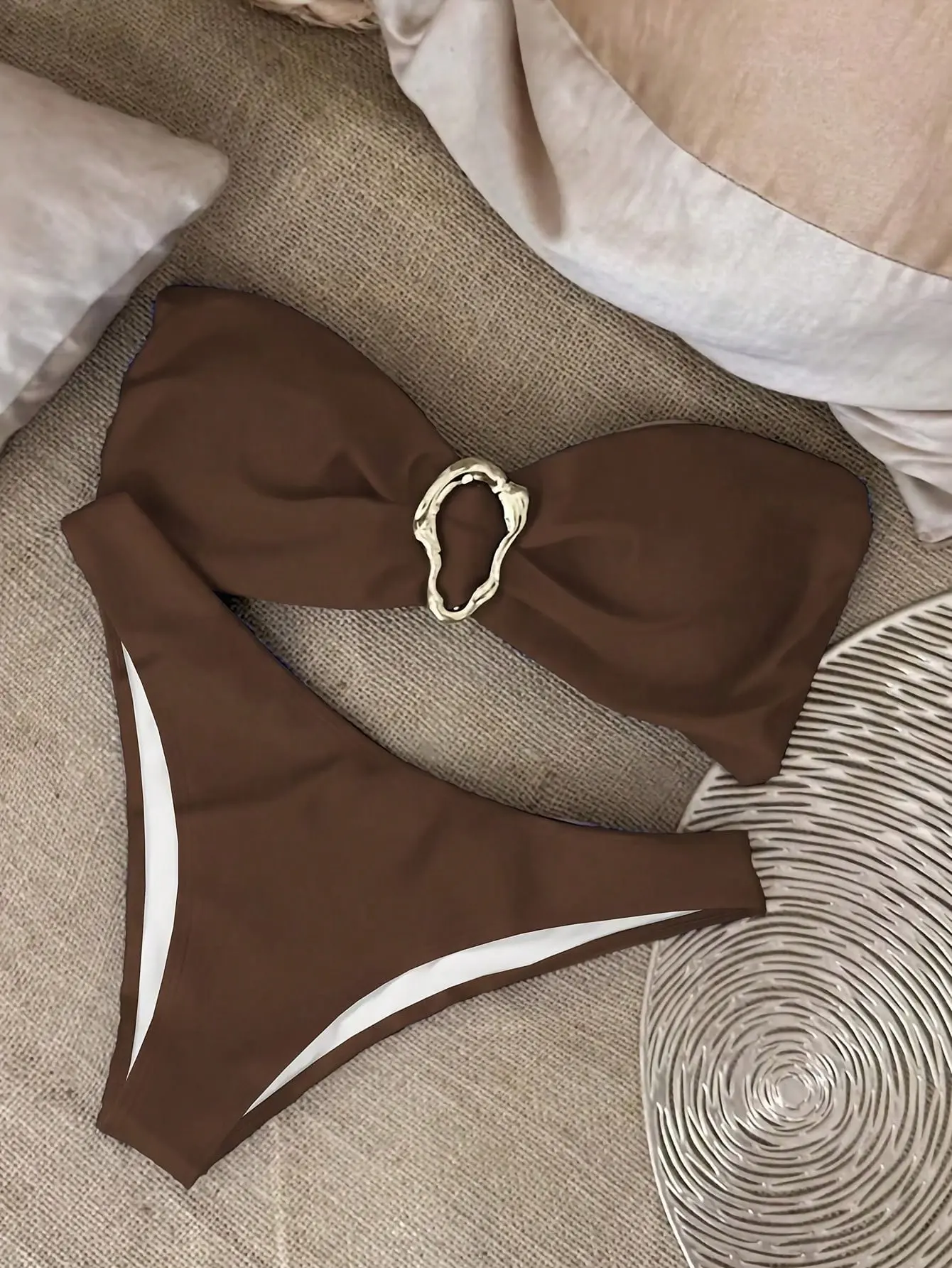 Textured Bikini Set for Women, 2-Piece Strapless Bandeau Swimwear with Gold Ring & High-Waisted Cheeky Bottoms, Texture Variant, S, Bikini Set Swimsuit, Strapless Tops, High Waisted Bikini