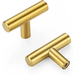 10 Pack 2 Inch Gold Cabinet Knobs - Brushed Brass Single Hole T Bar Drawer Knobs Hardware Pulls for Kitchen Cabinets and Dressers