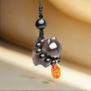 1pc Cute Obsidian Cat Phone Rope Black Cat Lucky Cat Pendant Home Decoration Chain Pendant Bag Car Accessories Phone Chain Accessories-RTJ45