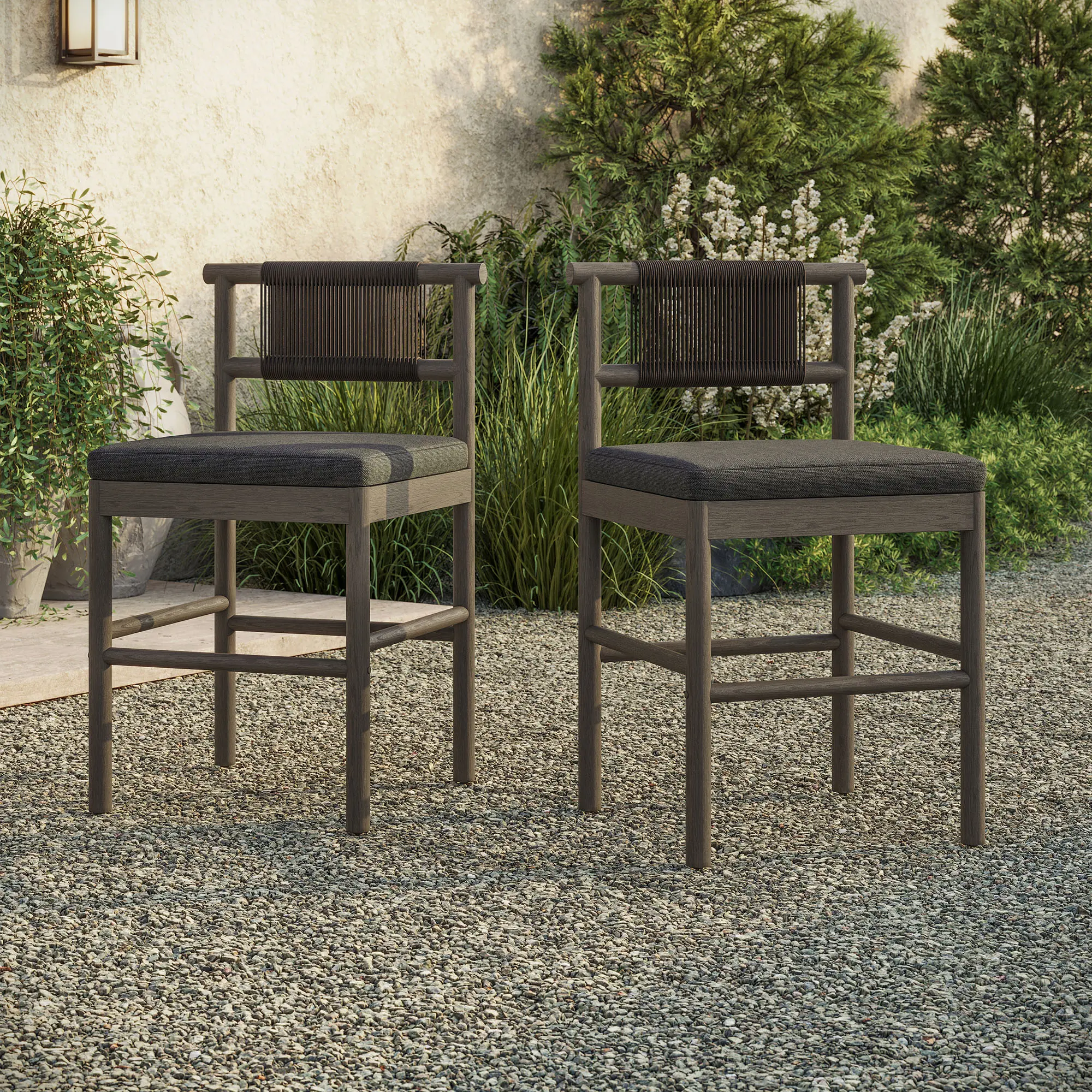 Eleni Outdoor Teak Wood Counter Stools Set of 2 in Weathered Gray Flint