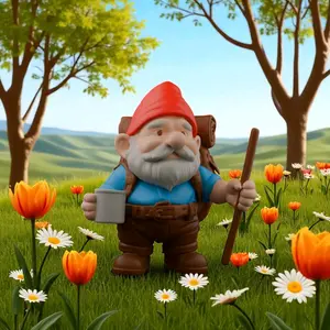 Stuarts Custom Prints Hiking Gnome 3D Printed Figurine 50mm Tall Blue Shirt Brown Pants Red Hat Walking Stick Mug Backpack Garden Decor Collectible
