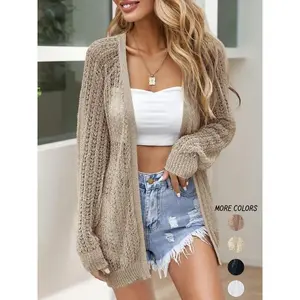 Women's Solid Color Hollow Out Long Sleeve Cardigan, Casual Open Front Knitwear for Summer, Fashion Women's Knit Clothing for Daily Wear