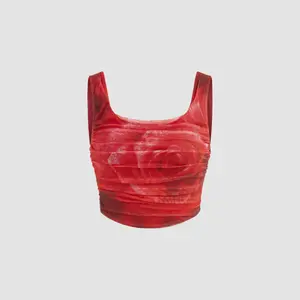 Cider Mesh Scoop Neck Rose Print Tank Crop Top