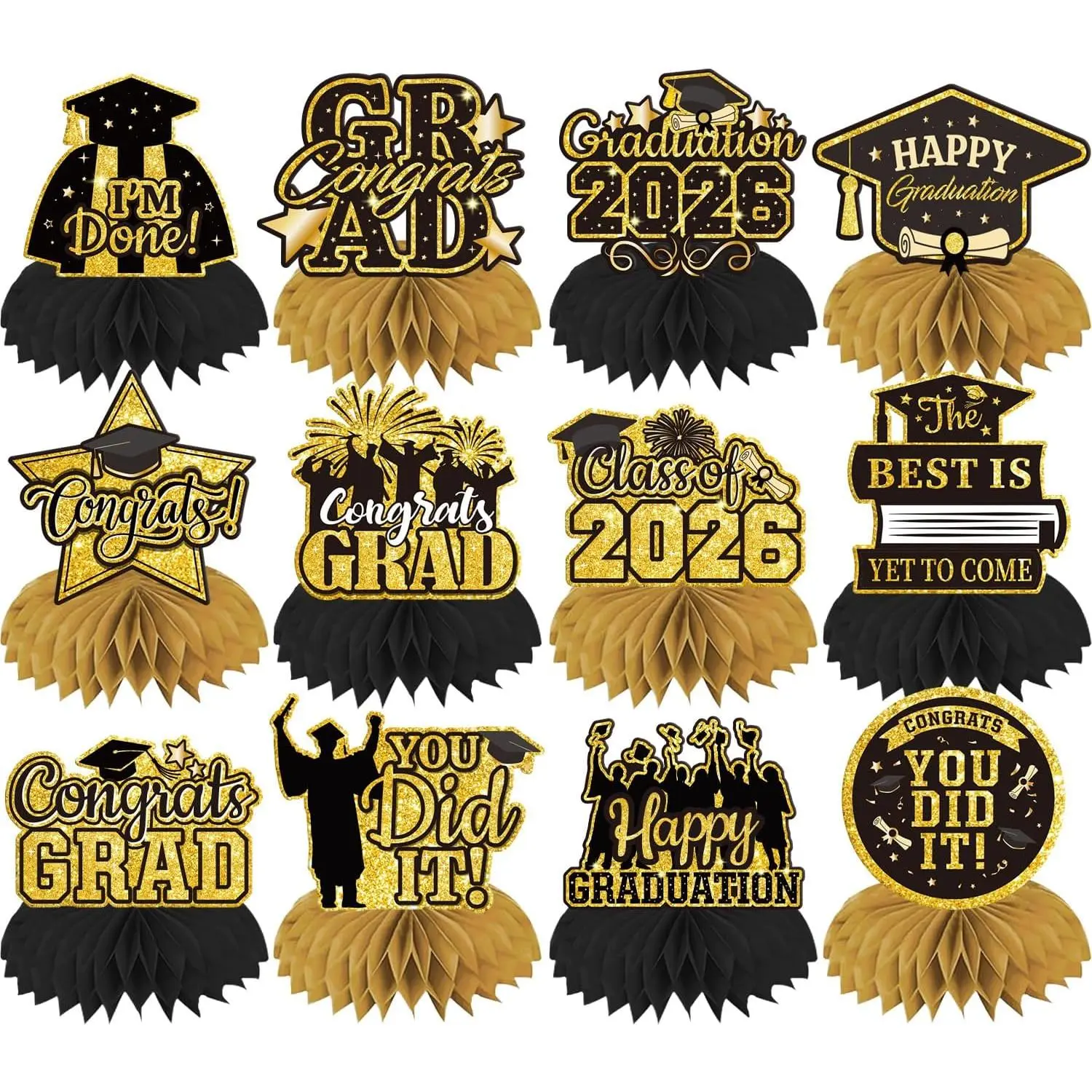 12 count Black and  Graduation Decorations 2026 Honeycomb Centerpieces 2026 Graduation Table Decorations for High School College Congrats Grad Party Supplies