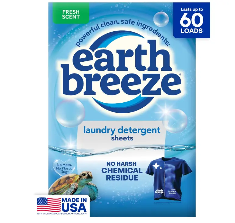 Earth Breeze Laundry Detergent Sheets Fresh Scent 60 Loads | Eco Liquidless Soap - Travel-Friendly for Hot & Cold Cycles, Tackles Tough Stains & Odors - Gentle on Skin