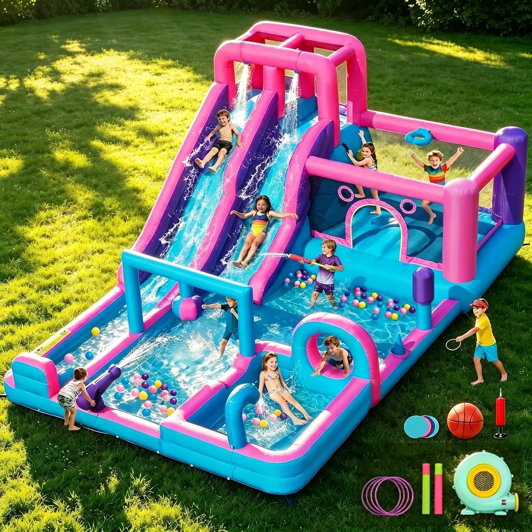 Inflatable Bounce House Bouncy House with Double Water Slide, Inflatable Bouncy Castle Water Bounce House with 750W Blower, Climbing Wall, Jumping, Splash Pool for Kids Indoor Outdoor
