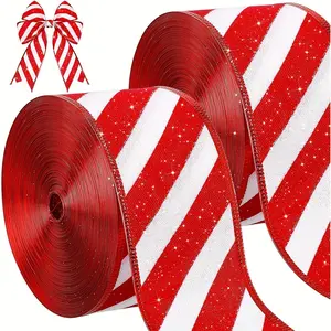 Classic Style Christmas Craft Satin Ribbon Set - 2 Rolls, 2.5 Inch Sparkling Striped Ribbon with Wired Edges for Holiday Gift Wrapping and DIY Decorations, Feather-Free, Perfect for Christmas Tree and Universal Celebrations - 12 Yards