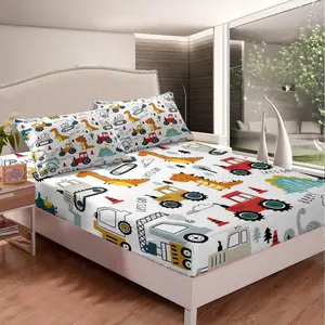 Feelyou Construction & Cartoon Dinosaur Bedding Set - Microfiber Bedsheet Sets with Equipment Trucks & Kawaii Jungle Dino Bed Covers, Microfiber Bedding Set