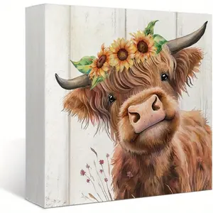 Highland Cow Decor Rustic Wooden Signs, Vintage Garage Signs, Western Farmhouse Cow Decorations for Home, Cow Room Decor, Highland Cow Decor for Office Living Room Bathroom Kitchen Bedroom, Highland Cow Gifts 5 x 5 Inch Signage
