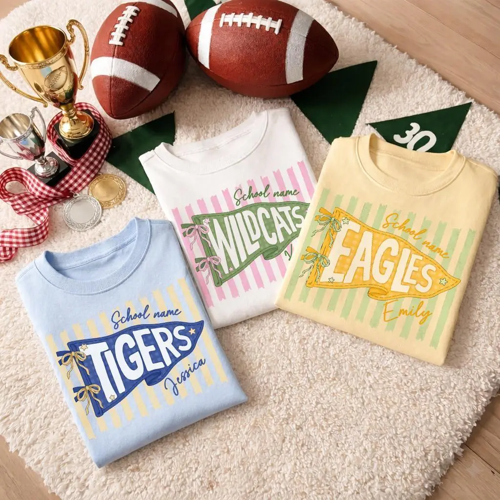 Custom School Spirit Name Pennant Shirt, Personalized Name Mascot Shirt, Back To School Tee, School Spirit Group matching Gift Shirt Check Cotton Everyday Fit