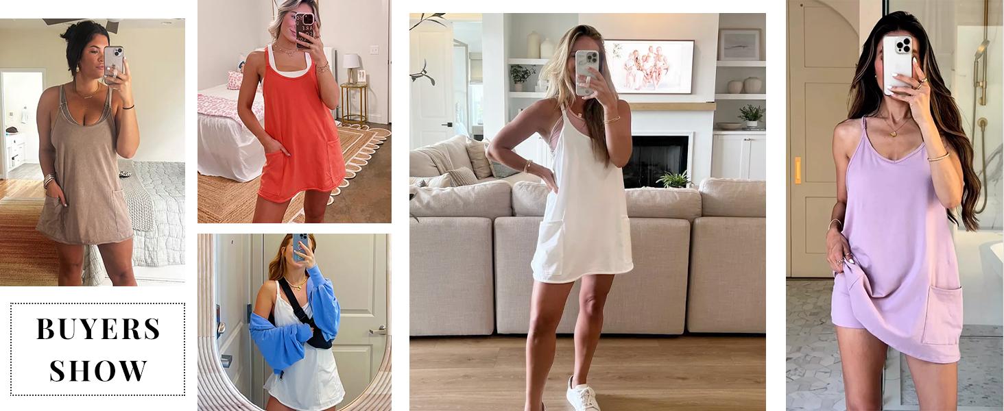 Women's Athletic Sleeveless Mini Dress with Built-in Shorts V Neck Spaghetti Strap Short Tennis Dress with Pockets Casual Mom Life Postpartum Style Women's Athletic Sleeveless Mini Dress with Built-in Shorts V Neck Spaghetti Strap Short Tennis Dress with Pockets Casual Mom Life Postpartum Style