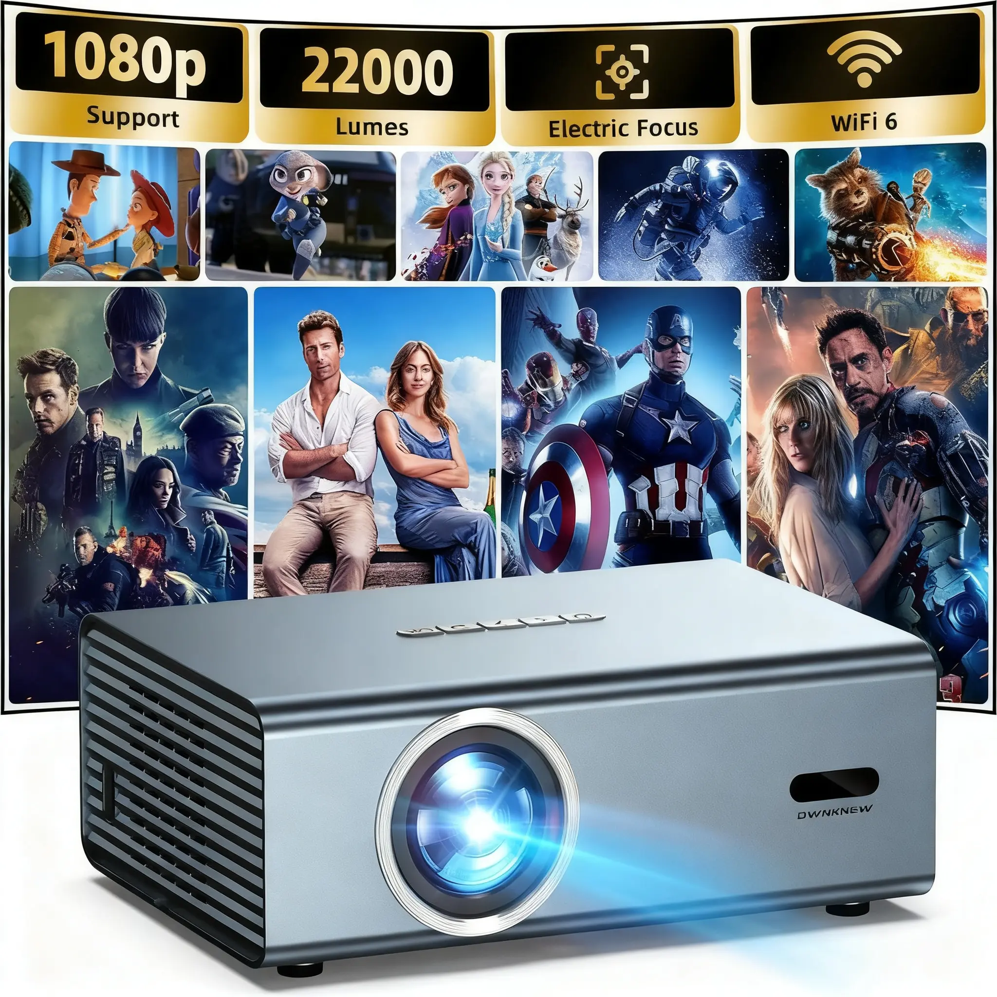 Native 1080P Smart Projector with WiFi6, Bluetooth 5.3, Electric Focus, Auto Keystone Correction, 22000 Lumens, Wired Connectivity, Tabletop Design, for Gaming, Bedroom & Outdoor Movie Use