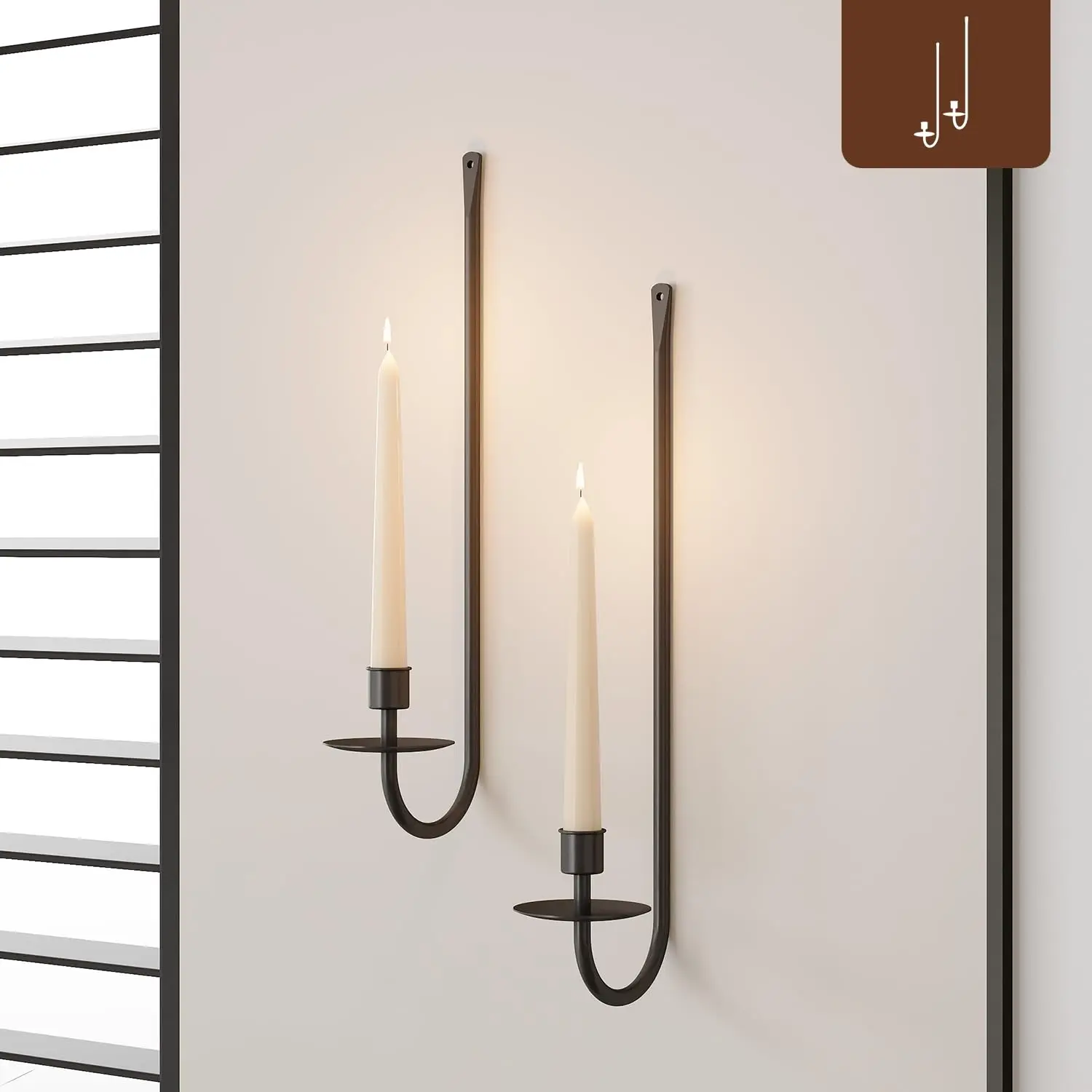 Set of 2 16.5x5x3in Retro Iron Black Metal Wall-Mount Pillar Candle Holders, Modern Farmhouse Decorative Hanging Sconces, Powder Coated for Living Room Fireplace Mantel Decoration Gift, Set Of Two