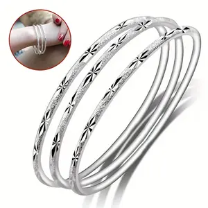 3pcs/Set 925 Sterling Silver Bangle Bracelets For Women, Fashion Jewelry Simple 925 Silver Cuff Bangles For Women Mom Wife Valentine Mothers Day Gift