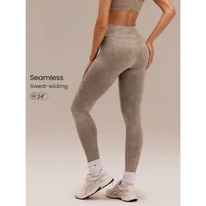 GLOWMODE 24" Ultrafine Soft Seamless Serve Energy High-Rise Waist Faux Denim Wash Finish Leggings Training Running Workout Gym Fitness Active Wear