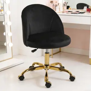 Black Velvet Vanity Chair with Gold Base, Small Swivel Makeup Chair for Bedroom & Home Office, Adjustable Height Cute Desk Chair with Wheels for Girls