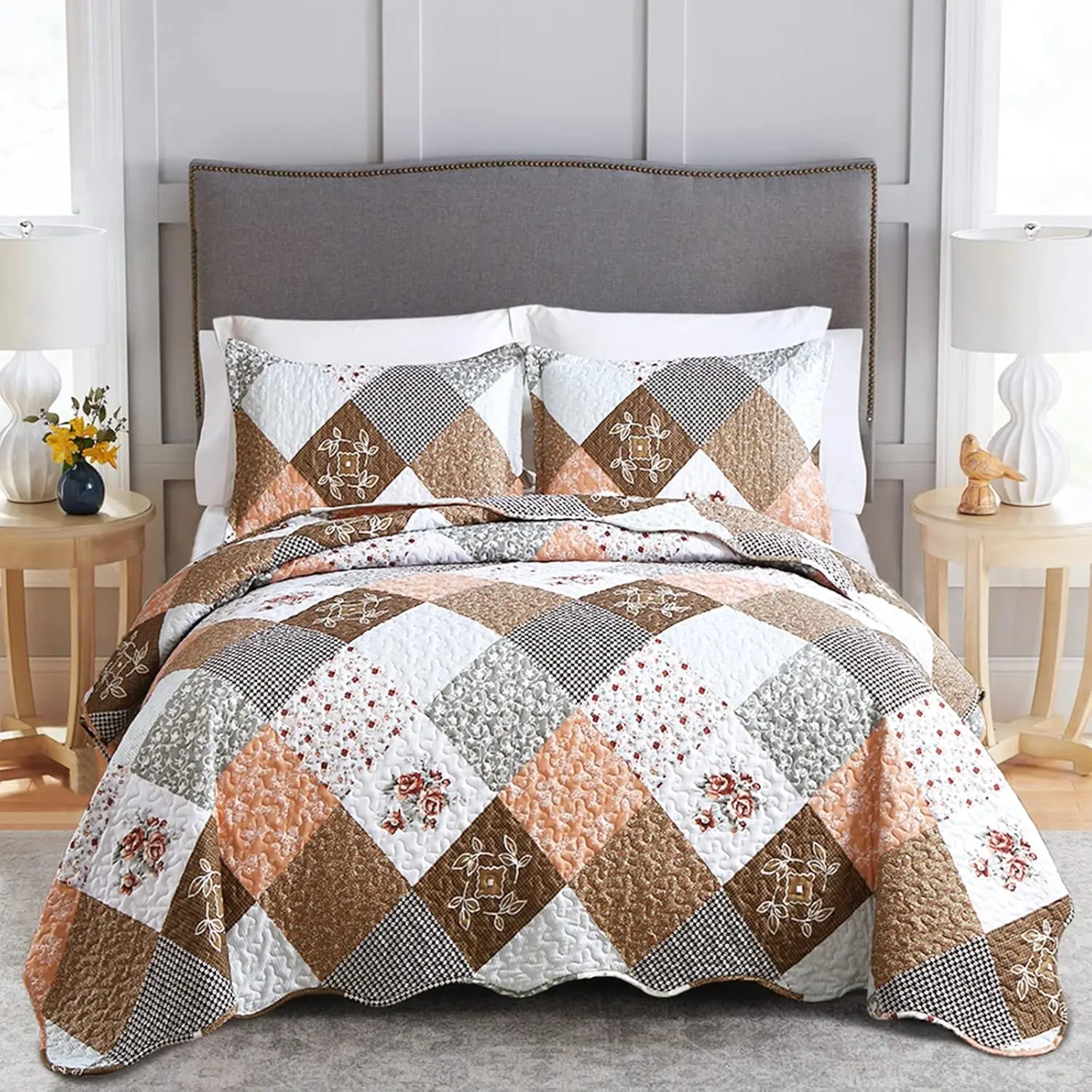 Floral Plaid Patchwork Quilt Set  Size, Reversible Brown Bedding Set Soft Microfiber Lightweight Bedspread Coverlet 3 count Fall Autumn Summer Use (68x86 inches)