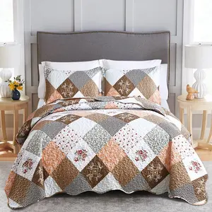 Floral Plaid Patchwork Quilt Set  Size, Reversible Brown Bedding Set Soft Microfiber Lightweight Bedspread Coverlet 3 count Fall Autumn Summer Use (68x86 inches)