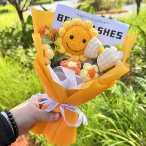 Sunflower Bow Theme Yarn Bouquet, Cute Style Handmade Yarn Flower Arrangement, Perfect Gift for Holidays, Valentine's Day, New Year