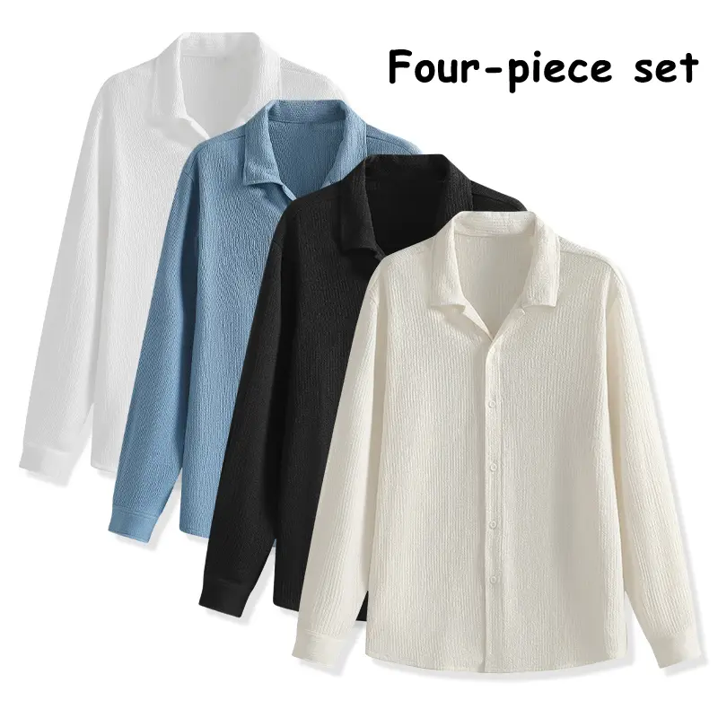 Men’s 4-Pack Textured Spread Collar Button Shirts, Long Sleeve, Solid Color, Wrinkle-Resistant, Relaxed Fit — Casual Everyday Outer Tops