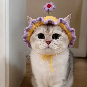 Pet Knitted Hat and Scarf, Cute Small Flower Design, Block, Adjustable, Suitable for Cats and Small Dogs
